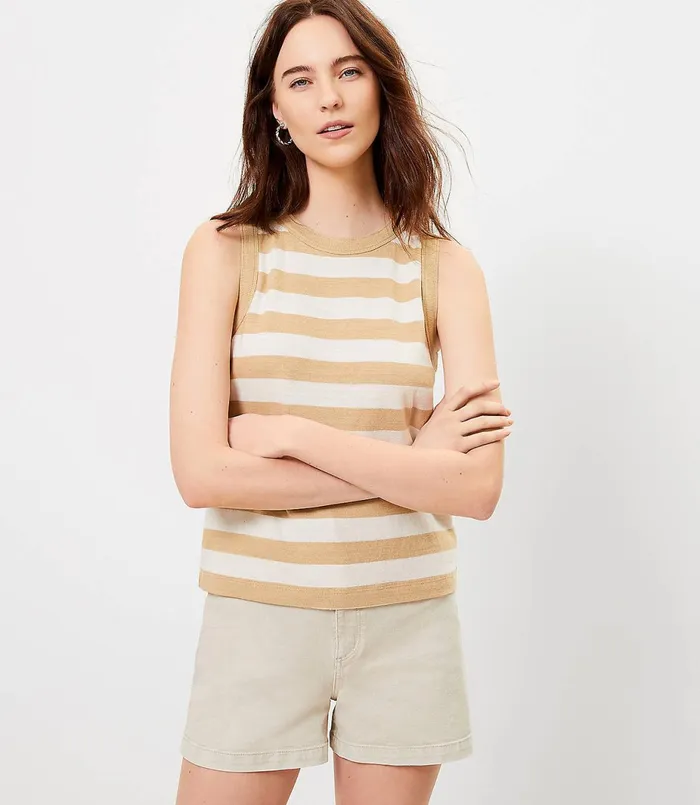 LOFT Petite Striped Crew Neck Tank Black Women Petite Tees