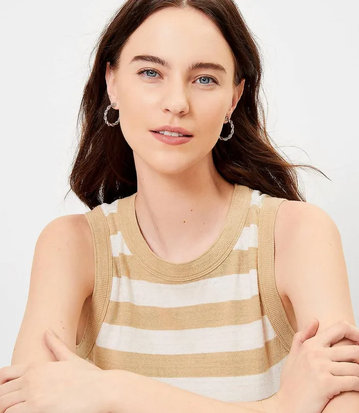 LOFT Petite Striped Crew Neck Tank Black Women Petite Tees