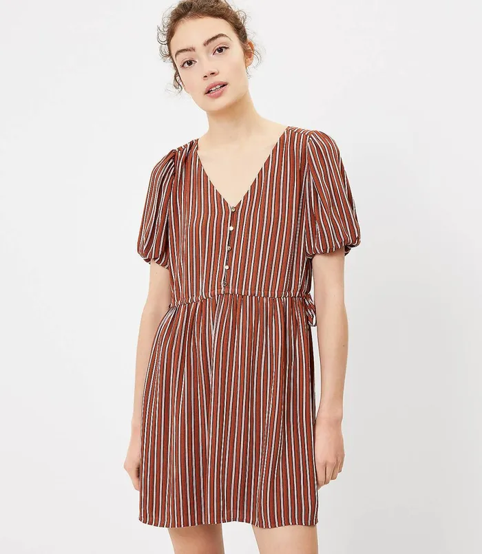 LOFT Petite Striped Side Tie Flare Dress Rust Women Petite Dresses