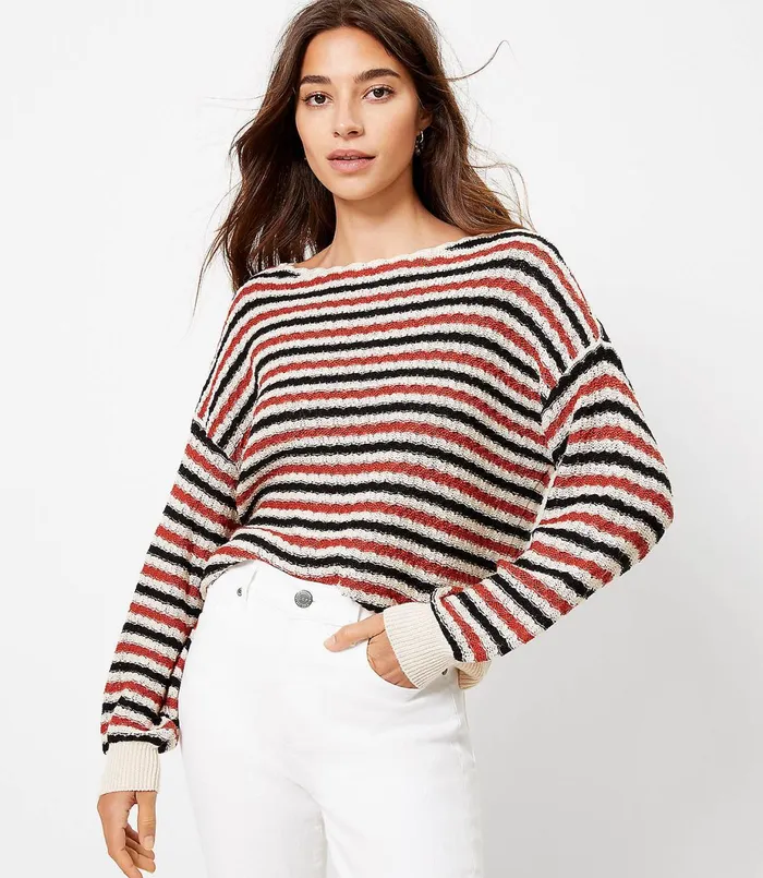 LOFT Petite Textured Boatneck Sweater Bossa Nova Red Women Petite Sweaters