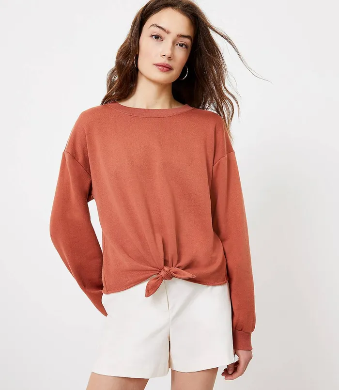 LOFT Petite Tie Front Sweatshirt Empire Porcelain Women Petite Tees