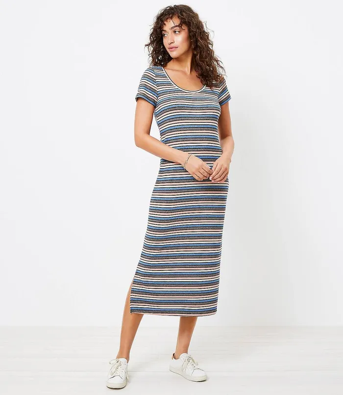 LOFT Shimmer Stripe Midi Tee Dress Black Multi Women Midi and Maxi