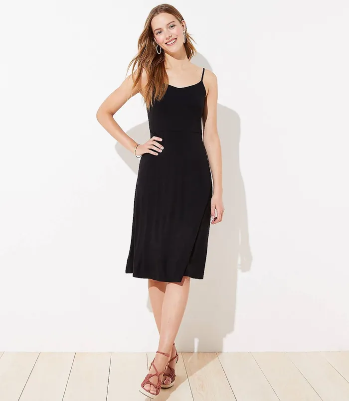 LOFT Smocked Back Strappy Midi Dress Black Women Dresses