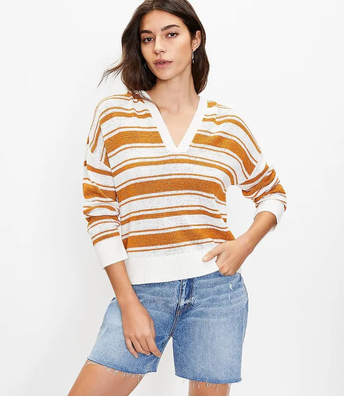 LOFT Striped Hooded Sweater Turmeric Spice Women Sweaters