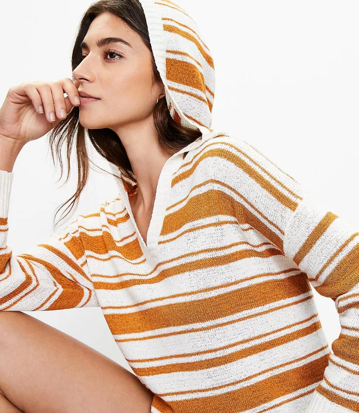LOFT Striped Hooded Sweater Turmeric Spice Women Sweaters