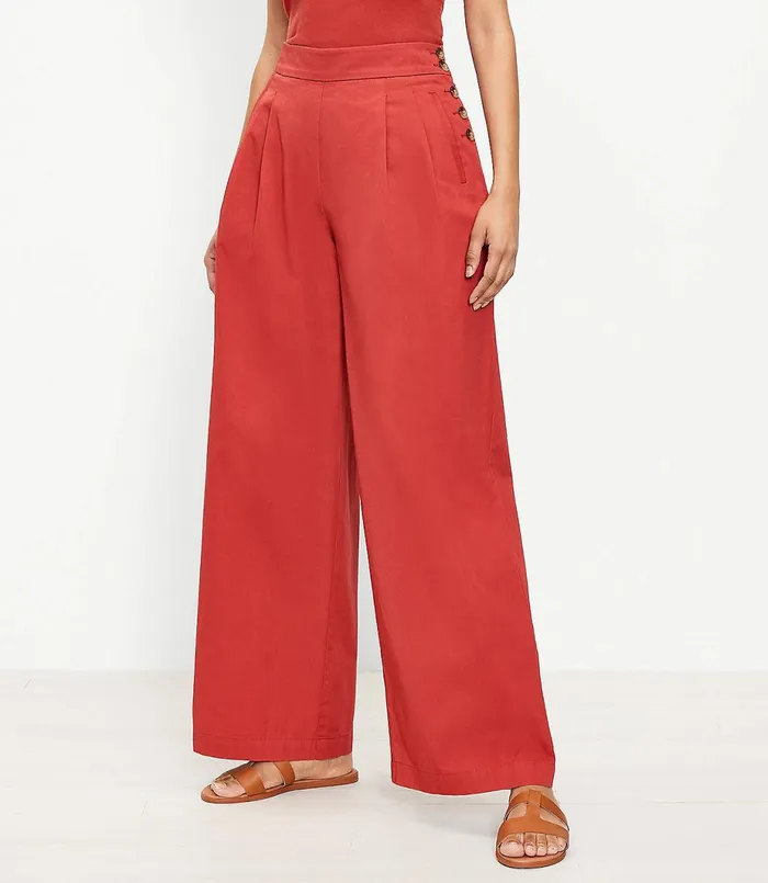 LOFT The Curvy Side Button Poplin Wide Leg Pant Coral Splash Women Pants