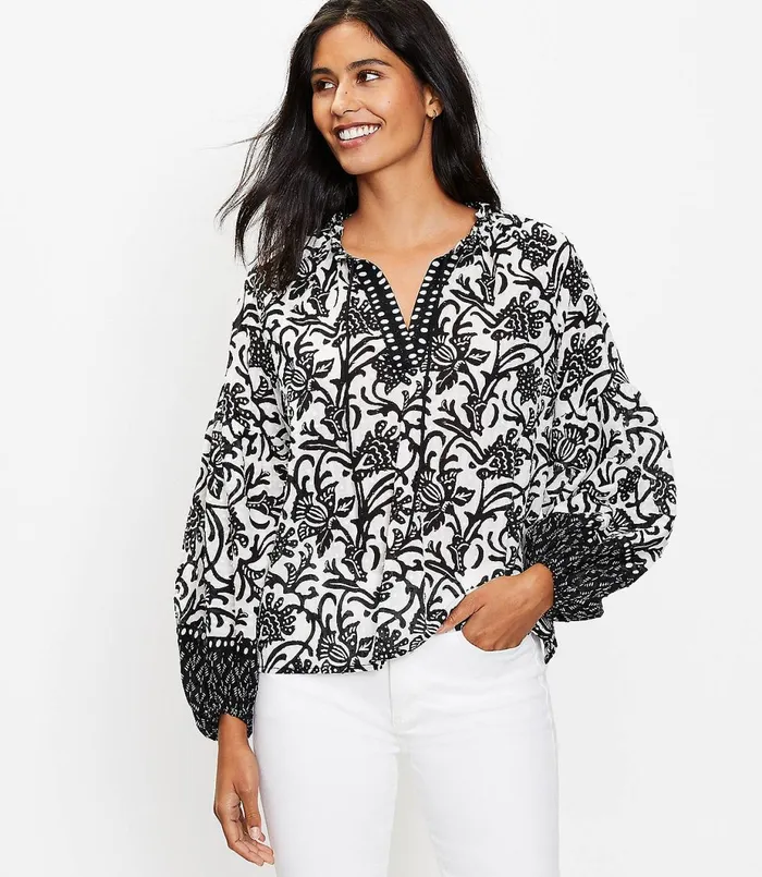 LOFT Vine Split Neck Blouse Black Women Petite Tops