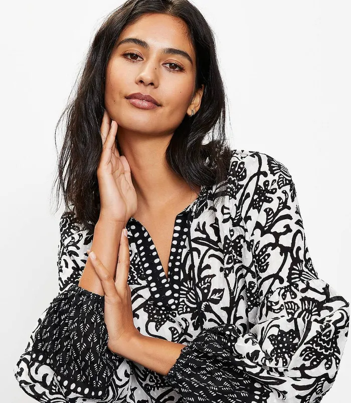 LOFT Vine Split Neck Blouse Black Women Petite Tops