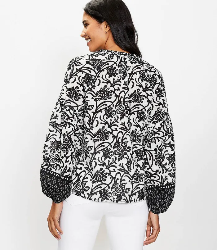 LOFT Vine Split Neck Blouse Black Women Petite Tops