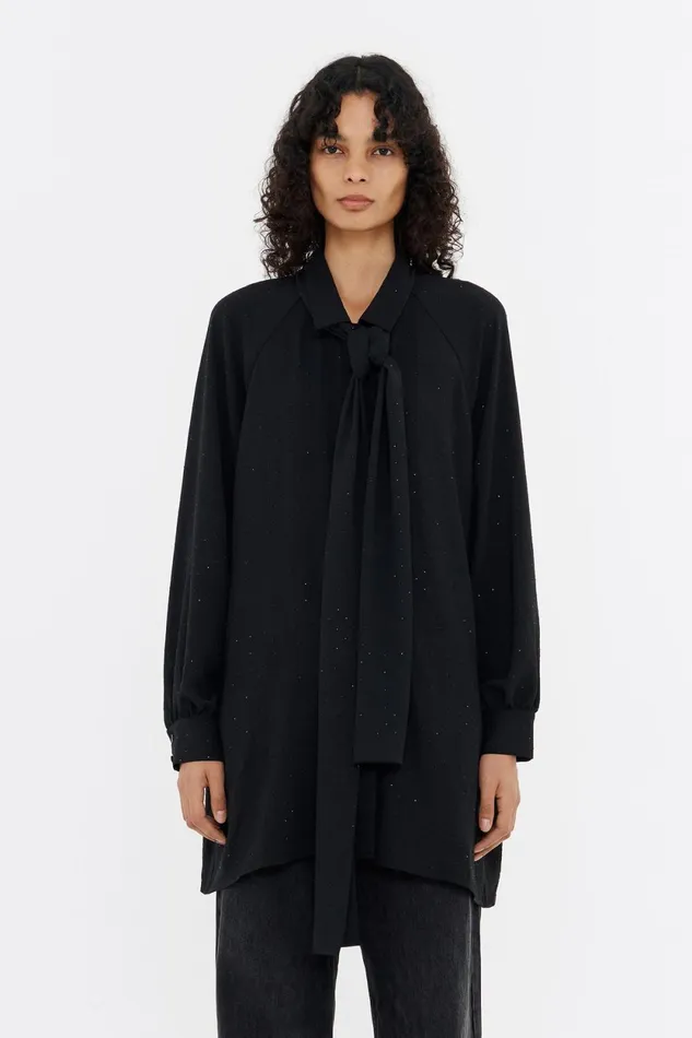 Long Black Tiefront Rhinestone Blouse Black Women Bimba Y Lola Shirts