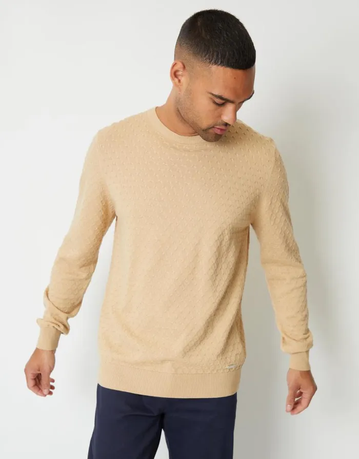 Men Beige Mini Cable Knit Crew Neck Jumper Threadbare Jumpers