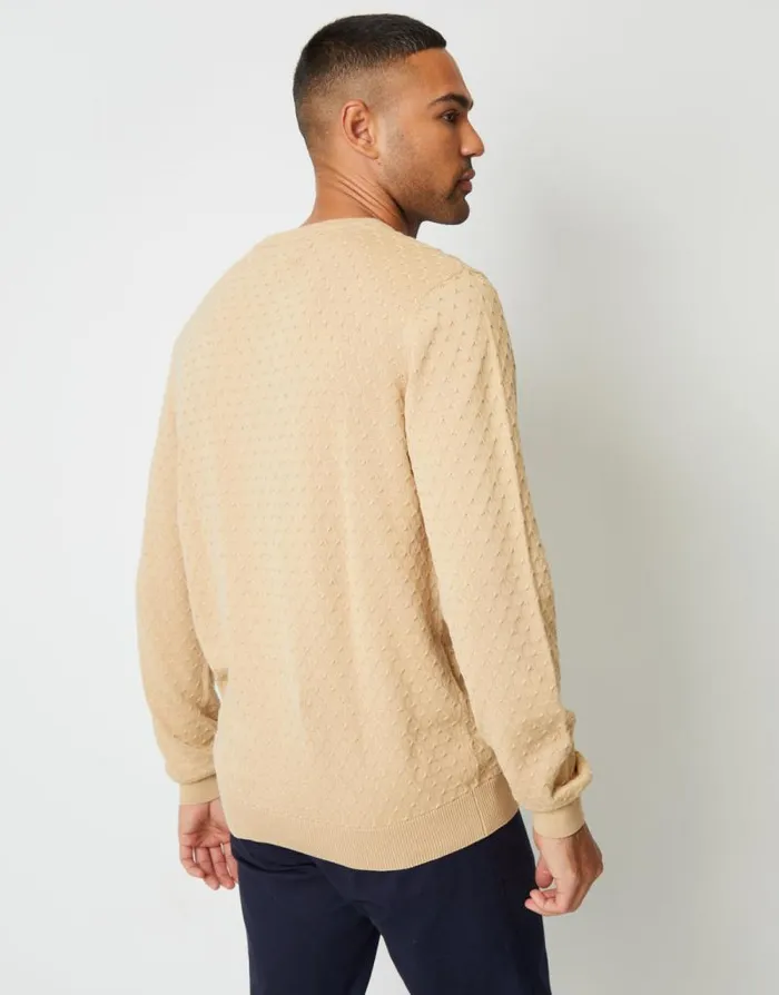 Men Beige Mini Cable Knit Crew Neck Jumper Threadbare Jumpers Men Beige Mini Cable Knit Crew Neck Jumper Threadbare Jumpers