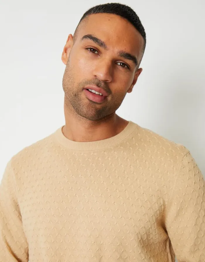 Men Beige Mini Cable Knit Crew Neck Jumper Threadbare Jumpers Men Beige Mini Cable Knit Crew Neck Jumper Threadbare Jumpers