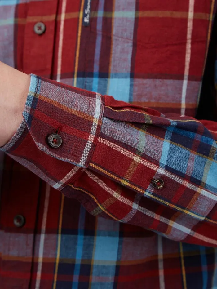 Men Ben Sherman Heritage Check Shirts Madras Check Linen Blend LongSleeve Shirt