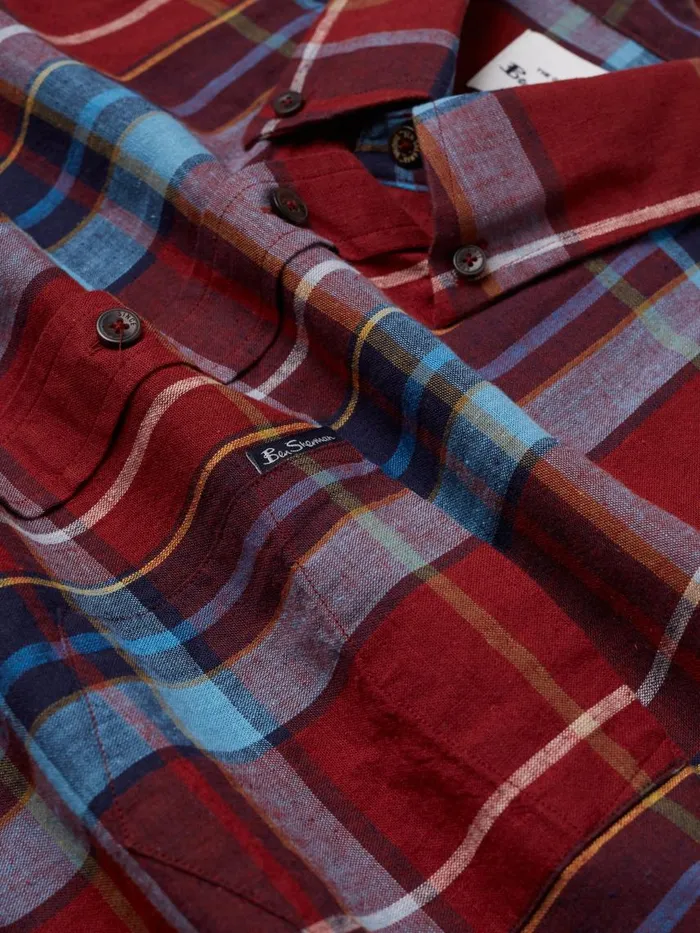 Men Ben Sherman Heritage Check Shirts Madras Check Linen Blend LongSleeve Shirt