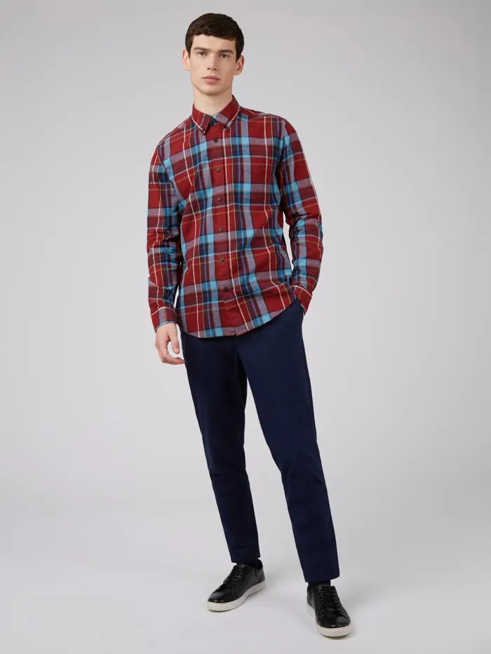 Men Ben Sherman Heritage Check Shirts Madras Check Linen Blend LongSleeve Shirt