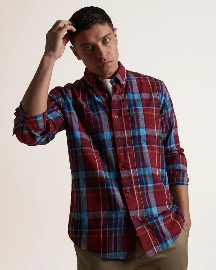 Men Ben Sherman Heritage Check Shirts Madras Check Linen Blend LongSleeve Shirt