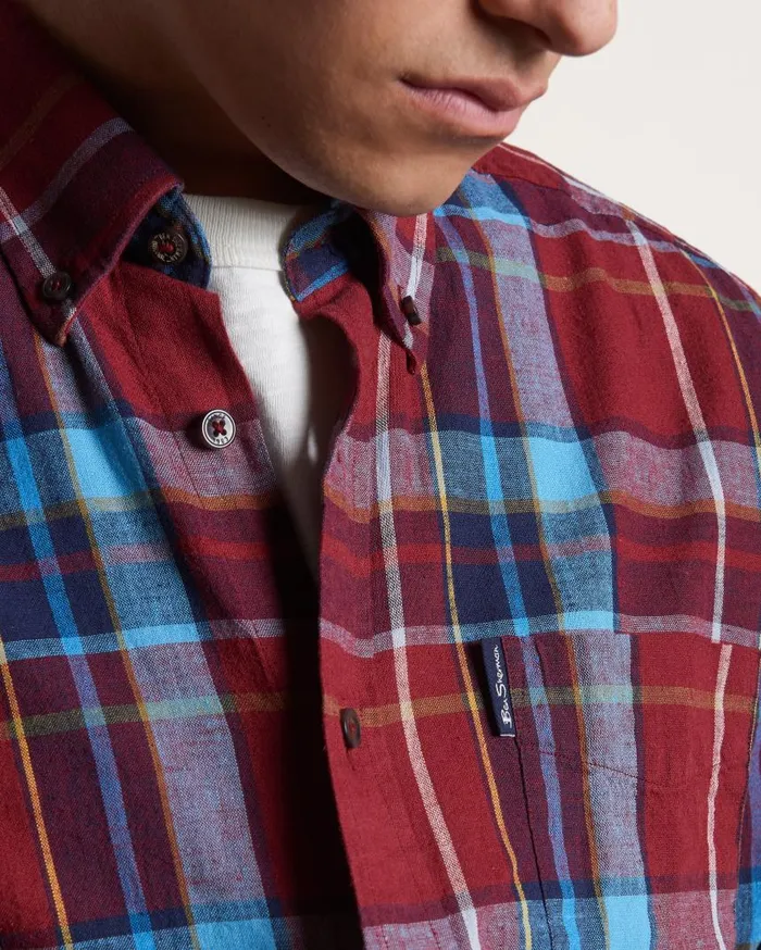 Men Ben Sherman Heritage Check Shirts Madras Check Linen Blend LongSleeve Shirt