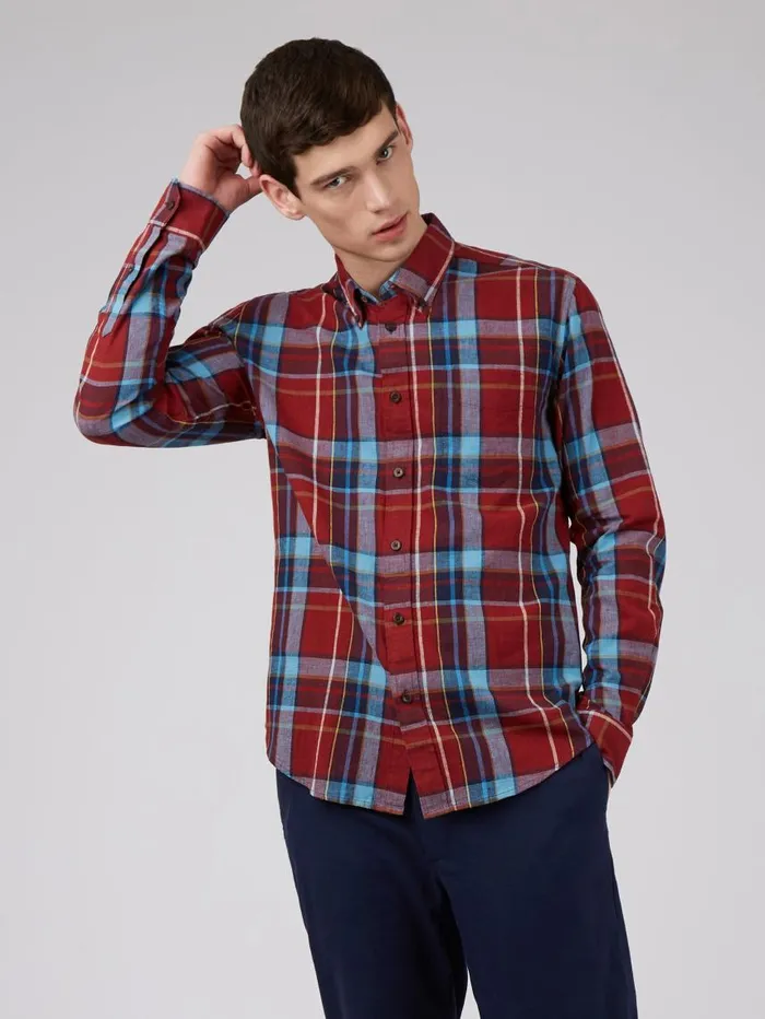 Men Ben Sherman Heritage Check Shirts Madras Check Linen Blend LongSleeve Shirt