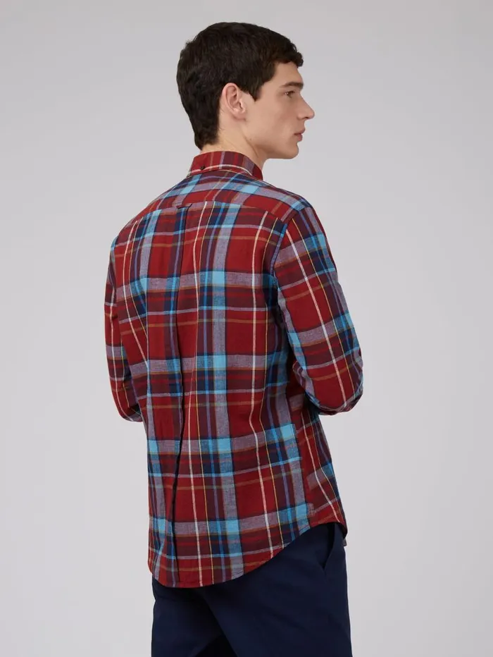 Men Ben Sherman Heritage Check Shirts Madras Check Linen Blend LongSleeve Shirt