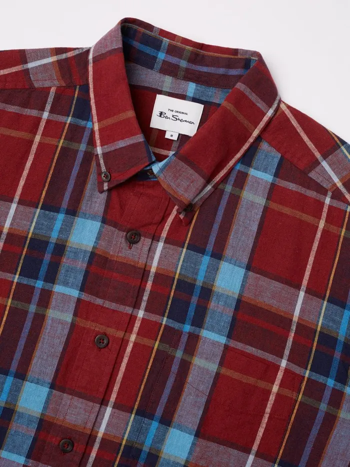 Men Ben Sherman Heritage Check Shirts Madras Check Linen Blend LongSleeve Shirt