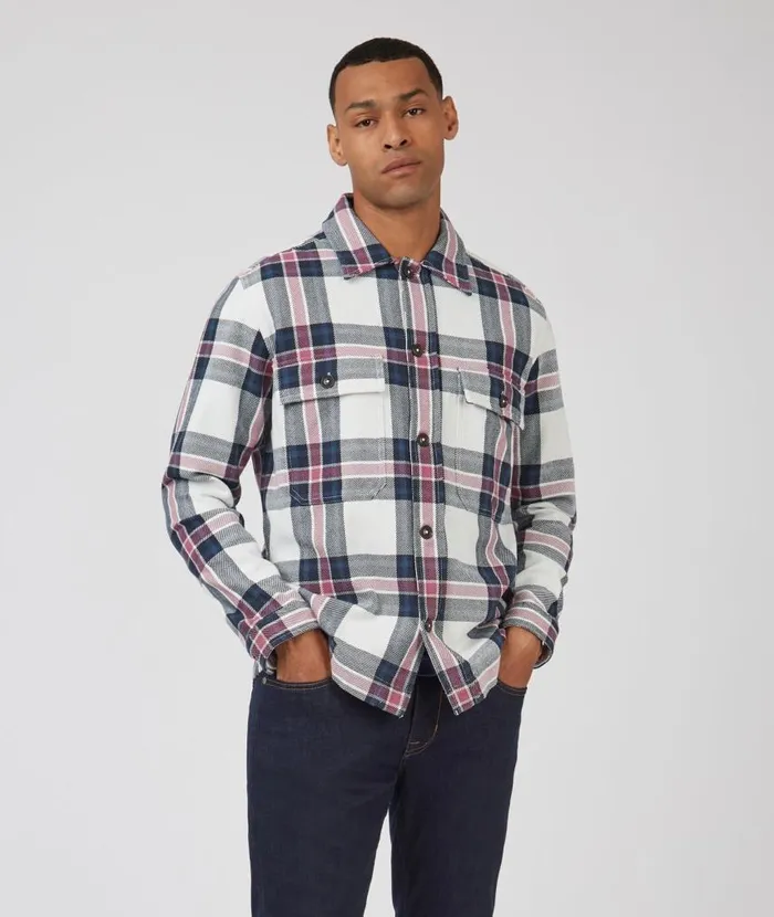 Men Ben Sherman Jackets and Outerwear Casual Twill Plaid Workwear Jacket