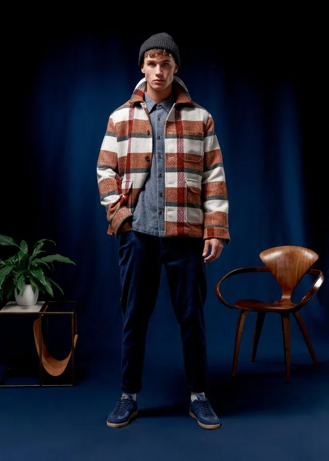 Men Ben Sherman Jackets and Outerwear Plaid Workers Jacket 8211 Burnt Orange