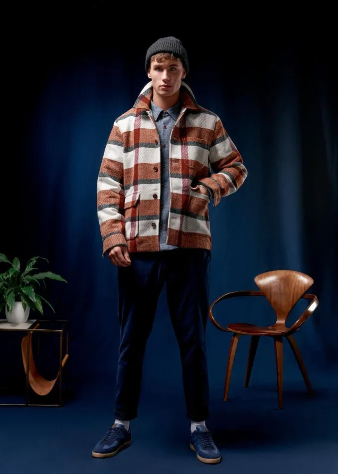 Men Ben Sherman Jackets and Outerwear Plaid Workers Jacket 8211 Burnt Orange