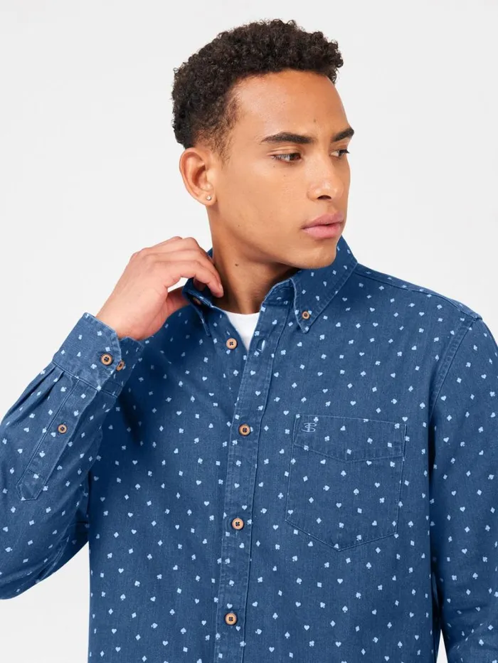 Men Ben Sherman Long Sleeve Shirts Long Sleeve Indigo Card Print Shirt