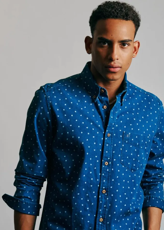 Men Ben Sherman Long Sleeve Shirts Long Sleeve Indigo Card Print Shirt Men Ben Sherman Long Sleeve Shirts Long Sleeve Indigo Card Print Shirt