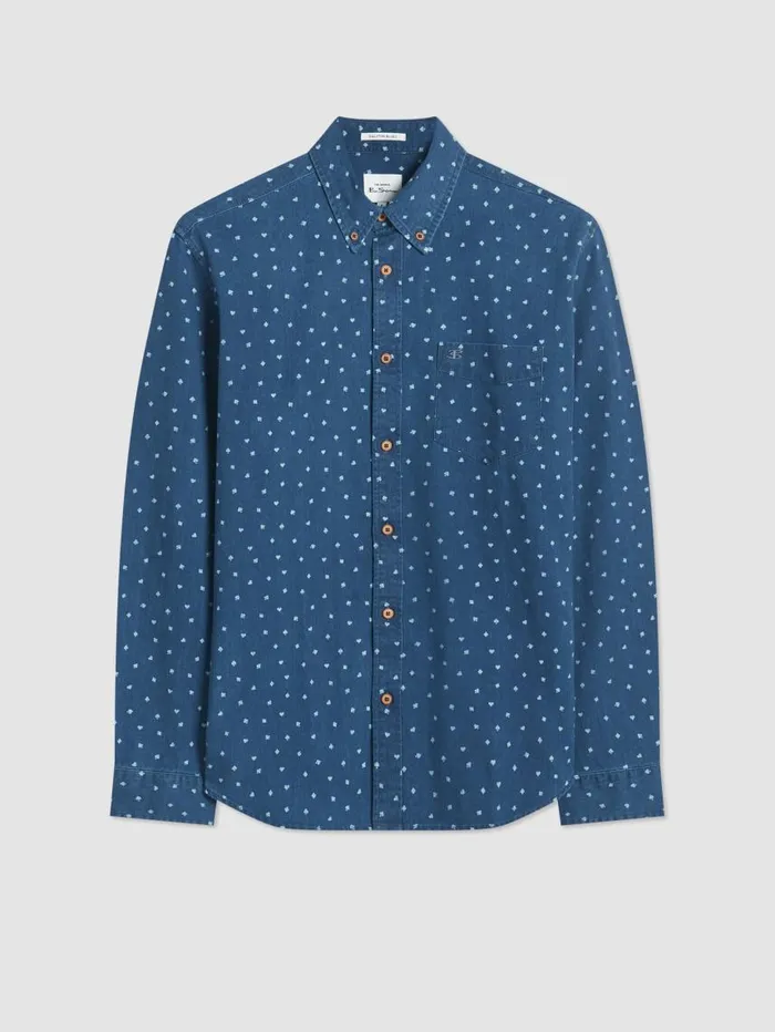 Men Ben Sherman Long Sleeve Shirts Long Sleeve Indigo Card Print Shirt Men Ben Sherman Long Sleeve Shirts Long Sleeve Indigo Card Print Shirt