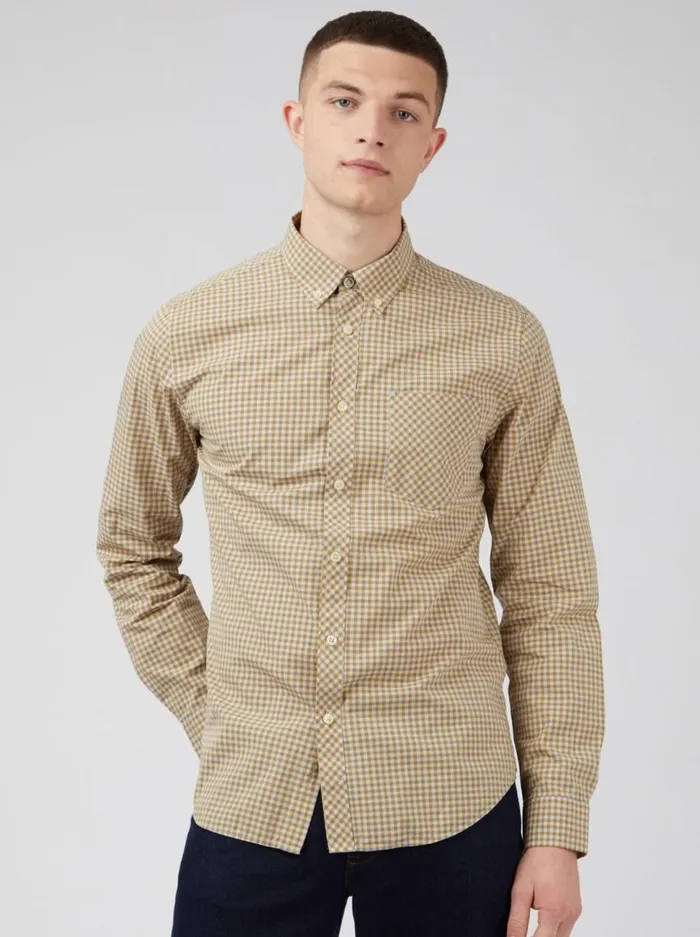 Men Ben Sherman Long Sleeve Shirts Signature Gingham LongSleeve Shirt 8211 Stone