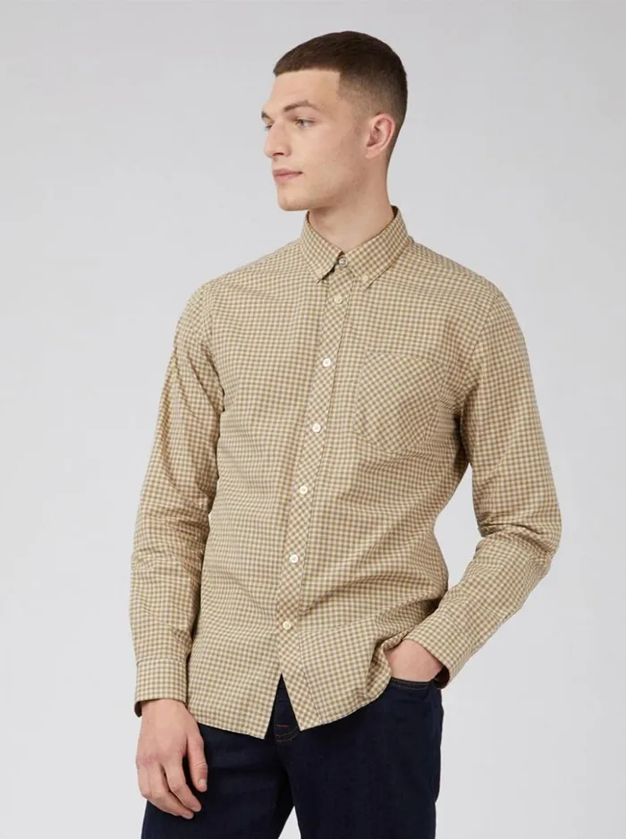 Men Ben Sherman Long Sleeve Shirts Signature Gingham LongSleeve Shirt 8211 Stone
