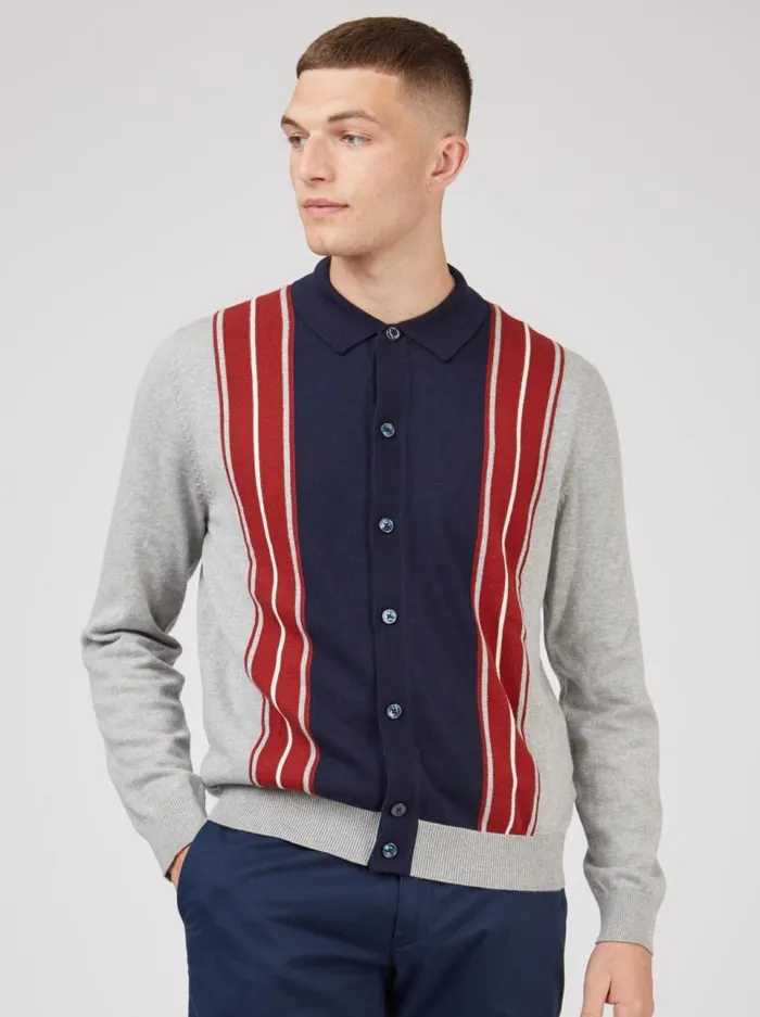 Men Ben Sherman Mod Knit Polos LongSleeve Knit Polo Sweater Polo Gray Navy Spring Polo Collared Sweater Polo Model