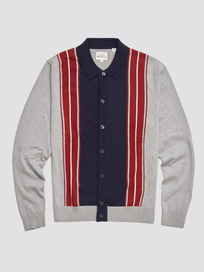 Men Ben Sherman Mod Knit Polos LongSleeve Knit Polo Sweater Polo Gray Navy Spring Polo Collared Sweater Polo Model