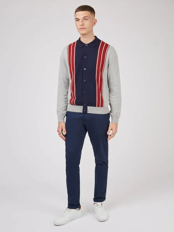 Men Ben Sherman Mod Knit Polos LongSleeve Knit Polo Sweater Polo Gray Navy Spring Polo Collared Sweater Polo Model