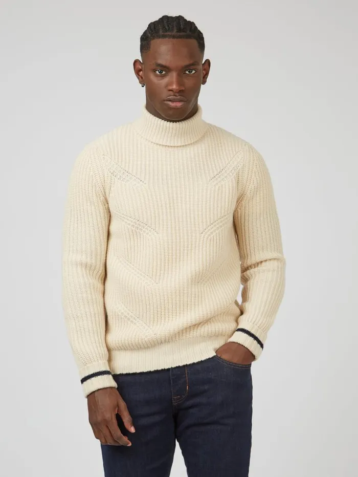 Men Ben Sherman Sweaters and Knits Chunky RollNeck Striped Sweater 8211 Ivory