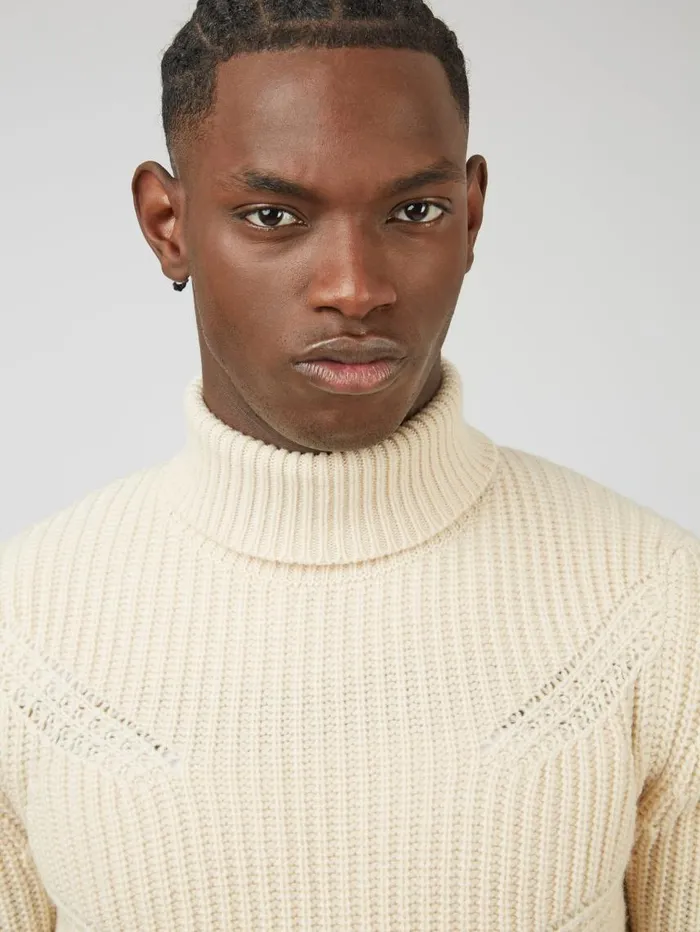 Men Ben Sherman Sweaters and Knits Chunky RollNeck Striped Sweater 8211 Ivory