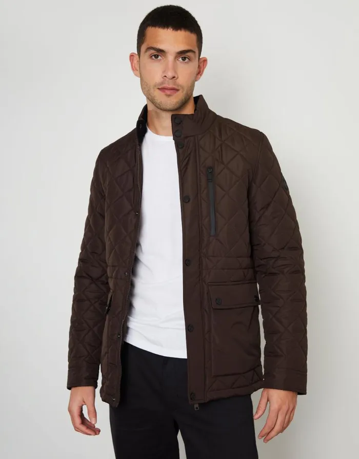 Men Brown Showerproof Quilted Patch Pocket Jacket Threadbare Coats