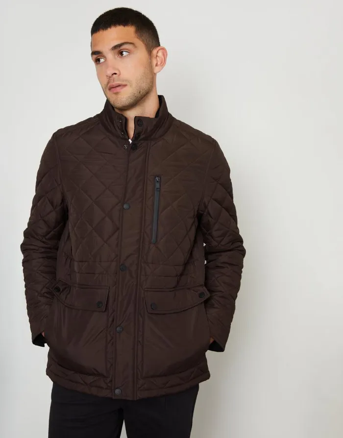 Men Brown Showerproof Quilted Patch Pocket Jacket Threadbare Coats