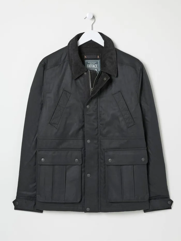 Men Coats and Jackets Fat Face Hawker Washed Black Waxed Jacket