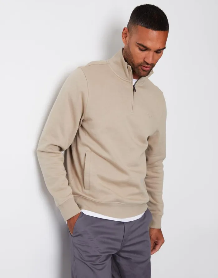 Men Dark Stone Quarter Zip Knitted Sweatshirt Threadbare Jumpers