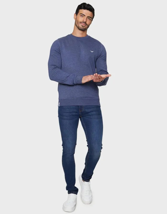 Men Denim Blue Crew Neck Sweatshirt Threadbare Jumpers