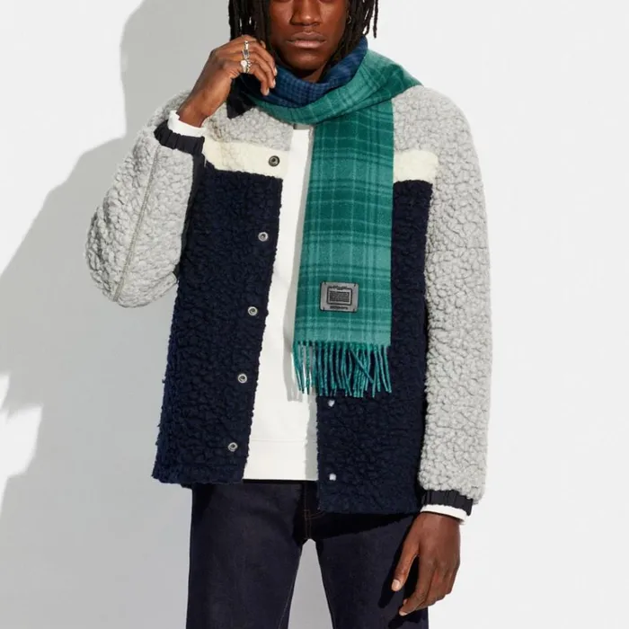 Men Hats Scarves and Gloves Coach Double Plaid Print Muffler Dark Fernbright Jade Men Hats Scarves and Gloves Coach Double Plaid Print Muffler Dark Fernbright Jade