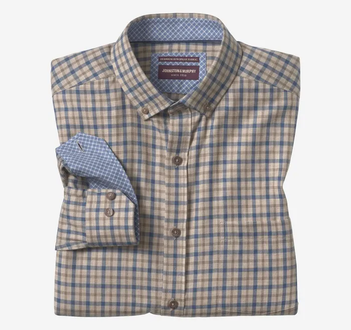 Men Heathered Shirt Brown Melange Twotone Grid JohnstonandMurphy Shirts