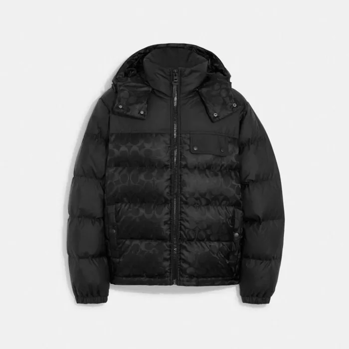 Men Jackets and Outerwear Coach Signature Hooded Puffer Jacket Black