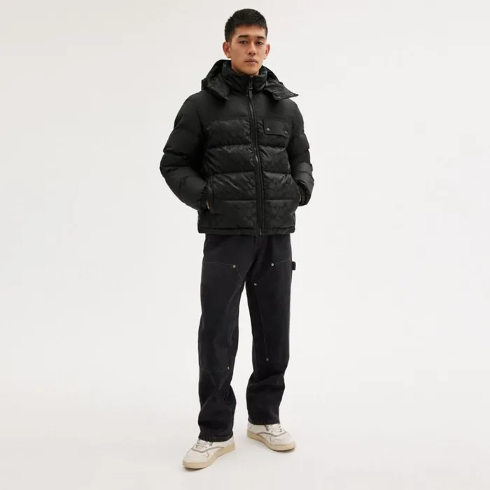 Men Jackets and Outerwear Coach Signature Hooded Puffer Jacket Black