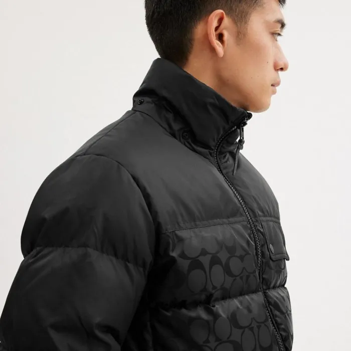 Men Jackets and Outerwear Coach Signature Hooded Puffer Jacket Black