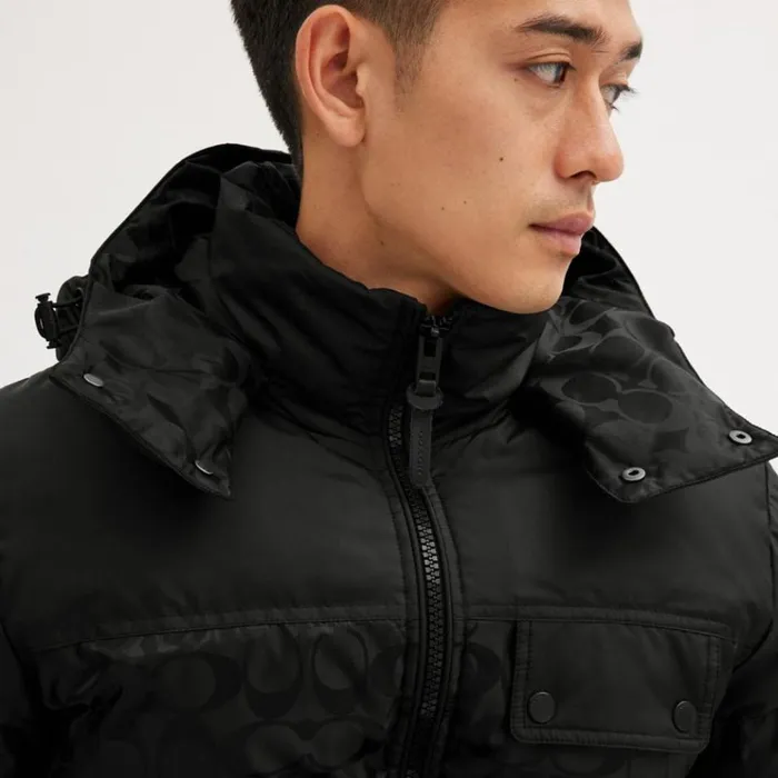 Men Jackets and Outerwear Coach Signature Hooded Puffer Jacket Black