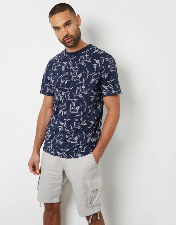 Men Navy Floral Print Crew Neck TShirt Threadbare TShirts